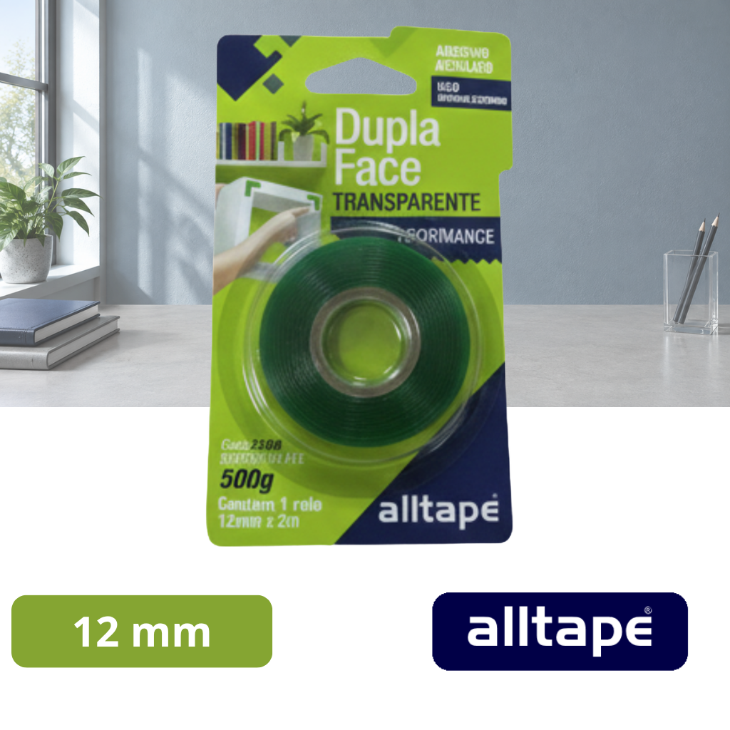 Fita Dupla Face 12mm x 2 Metros Massa Acrílica Transparente Blister