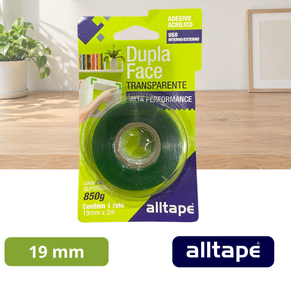 Fita Dupla Face 19mm x 2 Metros Massa Acrílica Transparente Blister